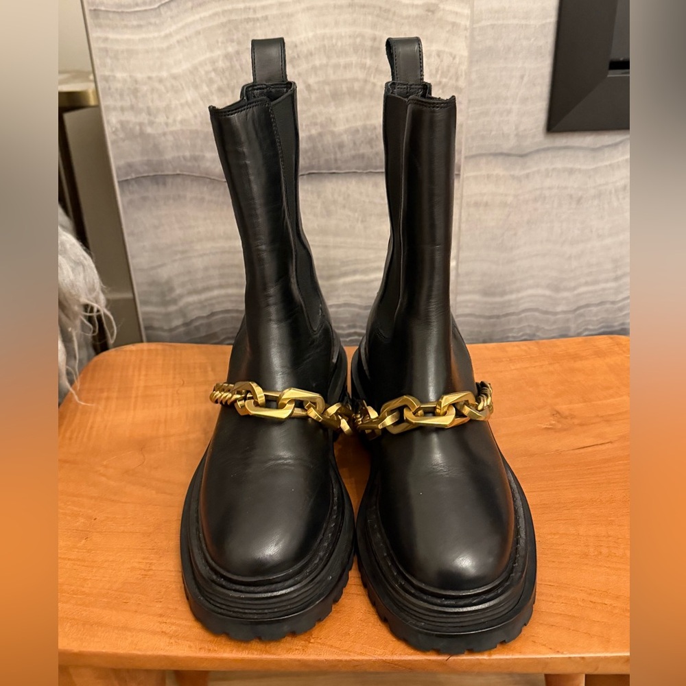 Sandro Black Leather Combat Boots with Gold Chain